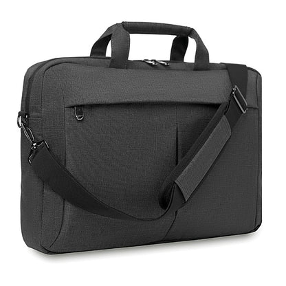 Maletín de ordenador negro jaspeado con compartimento principal para portátil de 15'' y bolsillo frontal de cremallera. Incluye bandolera ajustable y desmontable.