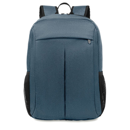 Mochila azul para portátil con bolsillo exterior con cierre cremallera y dos bolsillos laterales de rejilla