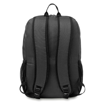 Trasera de mochila gris con asas y espalda acolchada
