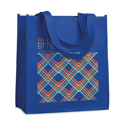 Bolsa de TNT azul con asas cortas y fuelle lateral e inferior