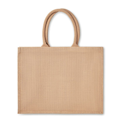 Bolsa grande de yute con fuelle y asas cortas reforzadas