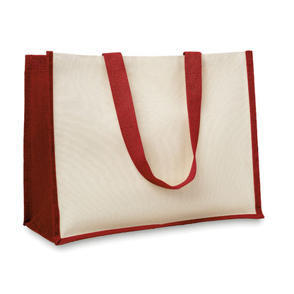Lateral bolsa de yute y algodón beige y roja