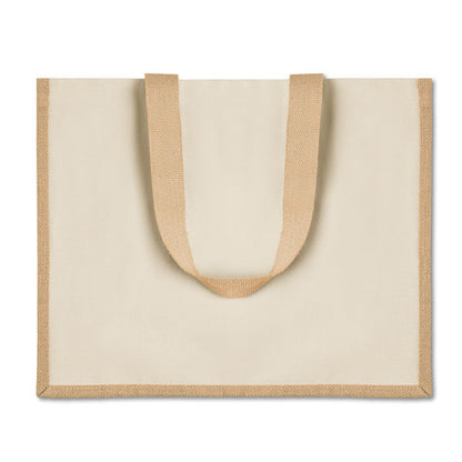 vista frontal de bolsa de compra de yute y algodón
