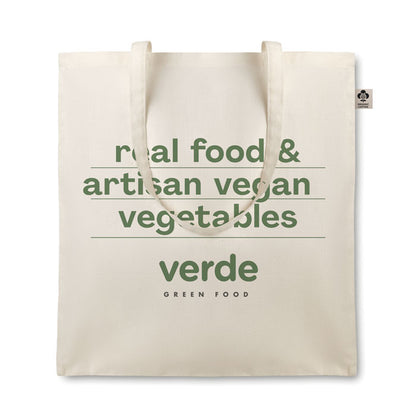 Totebag de color natural personalizada con frase en color verde en una cara