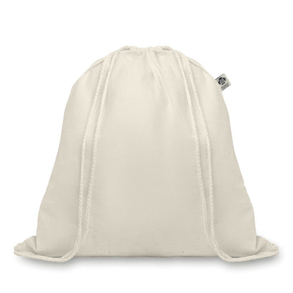 Mochila de cordones de algodón color natural y con etiqueta de algodón orgánico en el latiral
