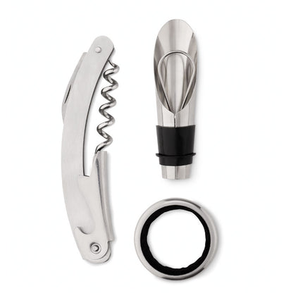 Sacacorchos, tapón y anillo de botella de vino