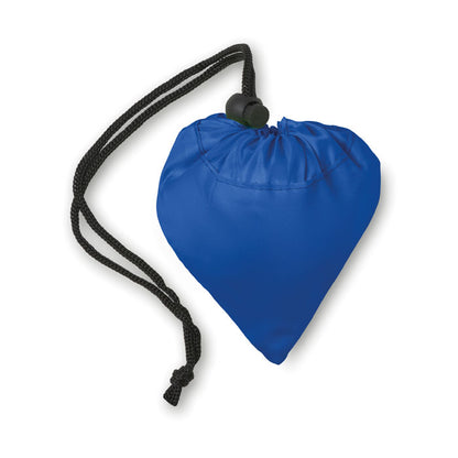 Bolsa azul de poliéster de asas cortas plegada sobre sí misma con cierre de cordón