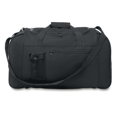 Bolsa deportiva de poliéster negro con bolsillo con cremallera y bolsillo de rejilla en la parte frontal y bandolera ajustable y desmontable.