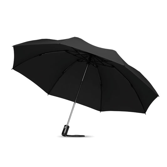 Paraguas plegable y reversible en color negro con mango automático y costilla de fibra de vidrio