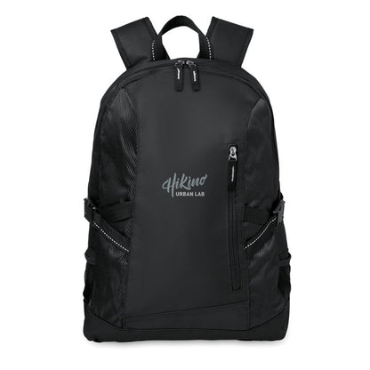 Mochila negra de poliéster para portátil personalizada con un logotipo en la parte frontal