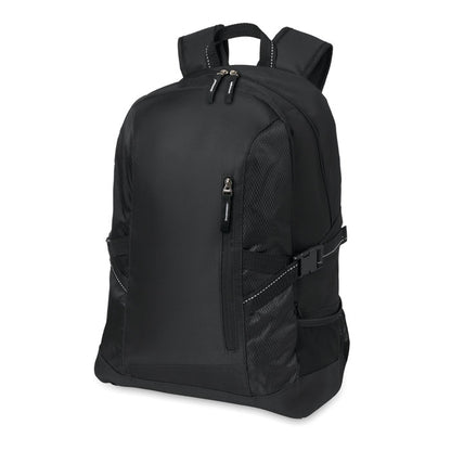 Mochila negra de poliéster con bolsillo forntal con cremallera y bolsillos laterales