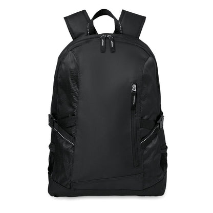 Mochila negra para portátil con detalles de rip stop. con un bolsillo frontal con cremallera y 2 compartimentos laterales.