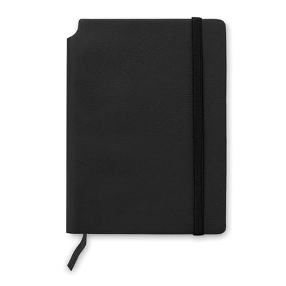 Vista frontal de libreta negra con cierre elástico