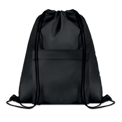 Mochila grande de cuerdas de poliéster negro con bolsillo frontal con cremallera
