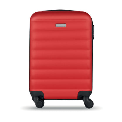 Maleta tipo trolley roja con chapa para personalizar  y con 4 ruedas