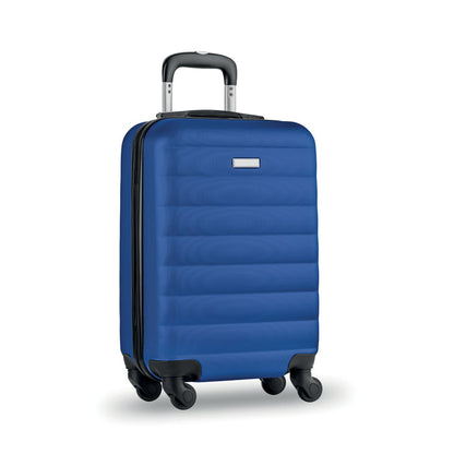 Maleta tipo trolley azul con chapa para personalizar  y con 4 ruedas