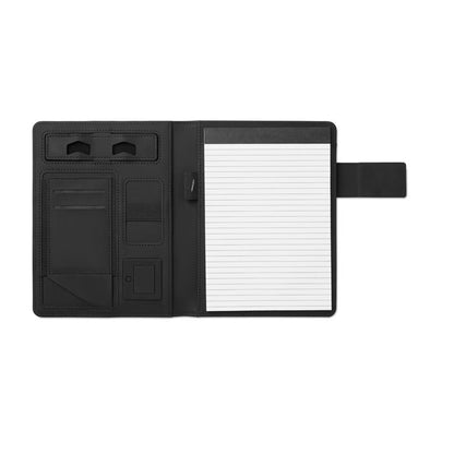 Porta folios abierto negro con libreta rayada