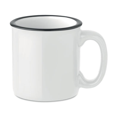 Taza de cerámica blanca estilo vintage con borde negro
