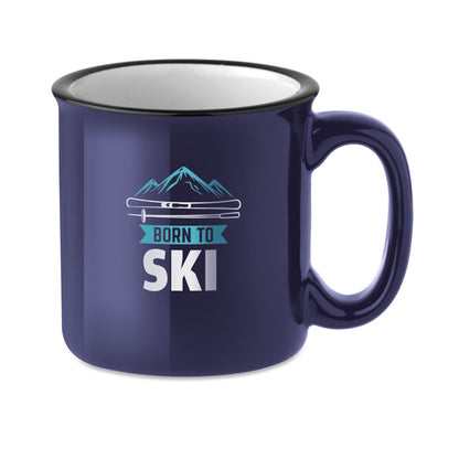 Taza azul estilo vintage de cerámica personalizada con logotipo