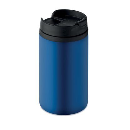 Vaso de acero azul con tapadera de plástico negro