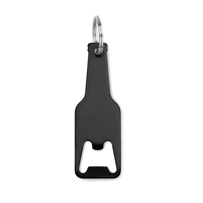 Abridor negro de aluminio con llavero en forma de botella