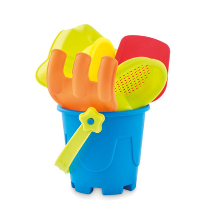 Juego de playa de niños con cubo, pala, y rastrillo