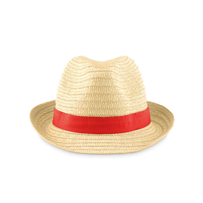Vista frontal de Sombrero de paja con ala y cinta roja 