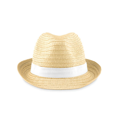 Vista frontal de gorro de paja con ala y cinta naranja