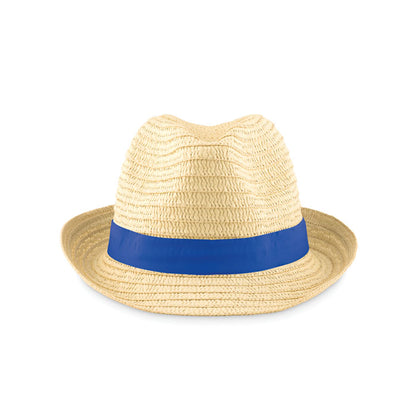 Vista frontal de gorro de paja con ala y cinta azul