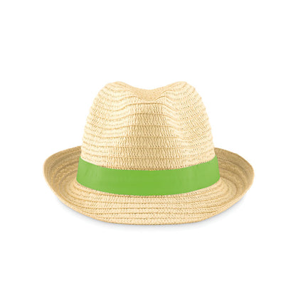 Vista frontal de gorro de paja con ala y cinta verde