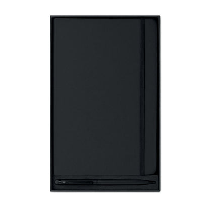 Vista frontal de libreta negra con cierre elástico