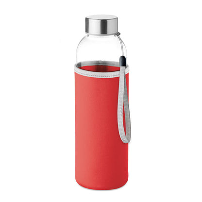 Botella de cristal con funda roja, tapa y asa