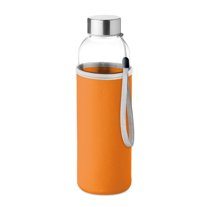 Botella de cristal con funda naranja, tapa y asa