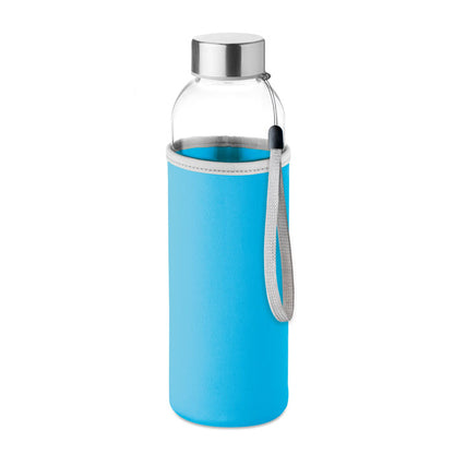 Botella de cristal con funda turquesa, tapa y asa