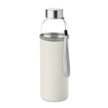 Botella de cristal con funda blanca, tapa y asa