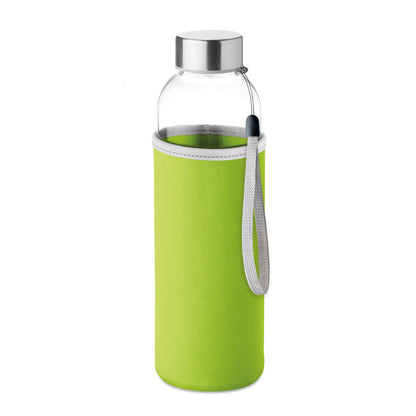 Botella de cristal con funda verde, tapa y asa