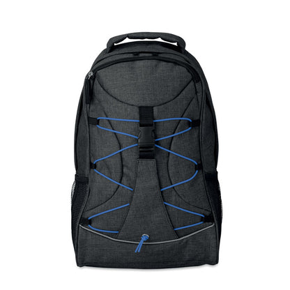 Mochila de poliéster jaspeada y cordón decorativo azul fluorescente en la parte frontal. Bolsillos de malla en ambos lados.