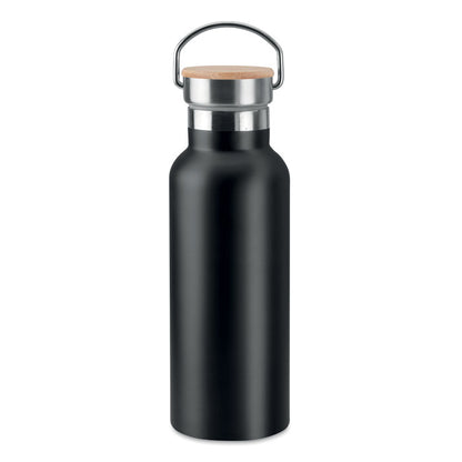 Botella de acero negro con tapa de madera y asa