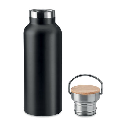 Botella de acero negro con tapa de madera y asa