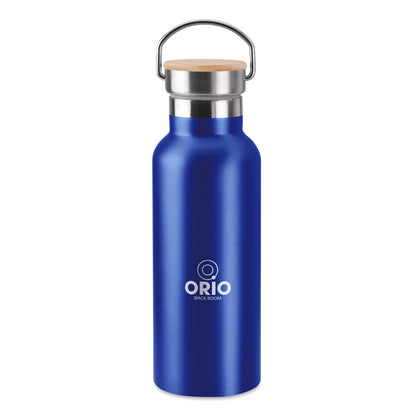 Botella de acero azul con tapa de madera con logo