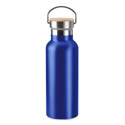 Botella de acero azul con tapa de madera y asa