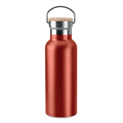 Botella de acero roja con tapa de madera y asa