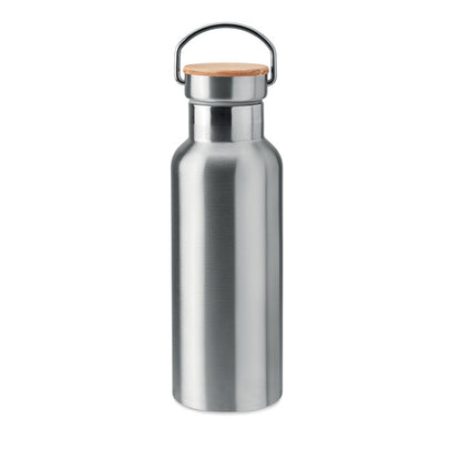Botella de acero plata con tapa de madera y asa