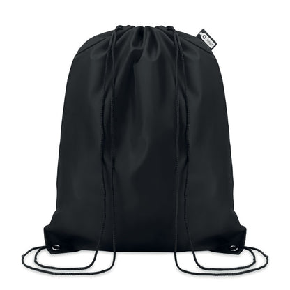 Mochila negra de poliéster con cordones de cierre y etiqueta RPET