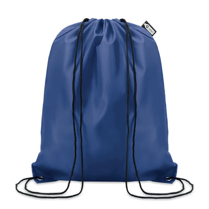 Mochila azul de poliéster con cordones de cierre y etiqueta RPET