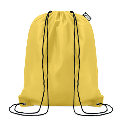 Mochila amarilla de poliéster con cordones de cierre y etiqueta RPET
