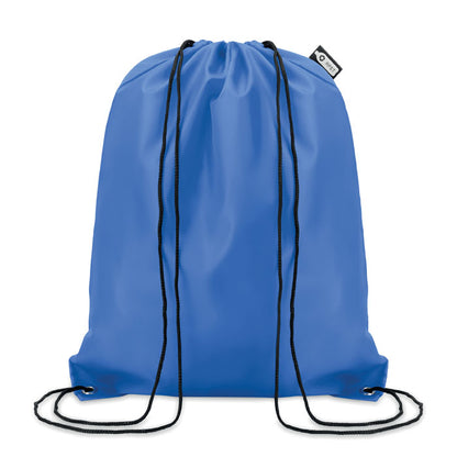 Mochila azul real de poliéster con cordones de cierre y etiqueta RPET