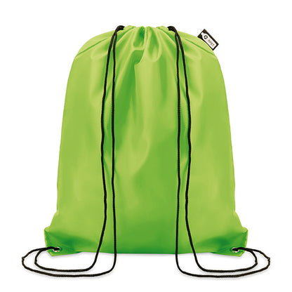 Mochila verde de poliéster con cordones de cierre y etiqueta RPET