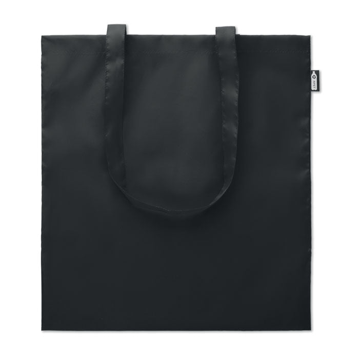 Bolsa de compra de RPET negra con asas largas, fabricada en material reciclado y ecológico.
