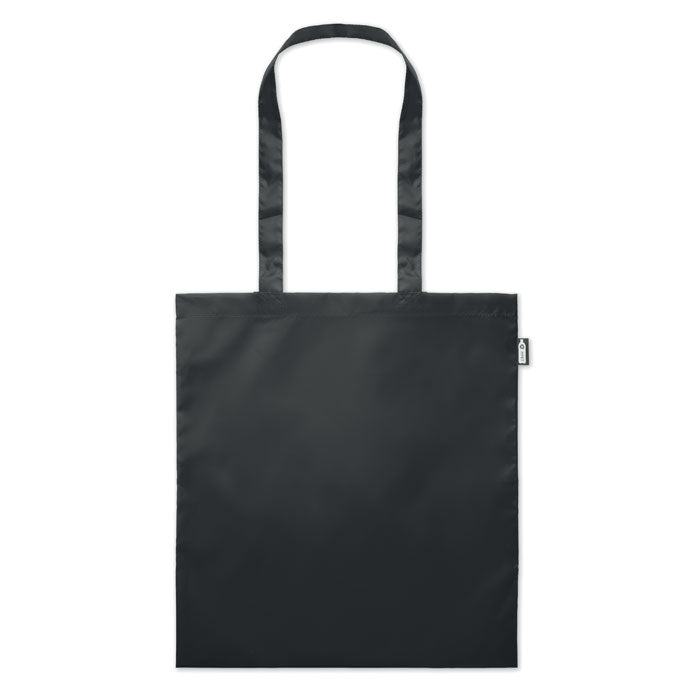 Bolsa de compra de RPET negra de 190T con asas largas, de diseño sencillo y elegante.